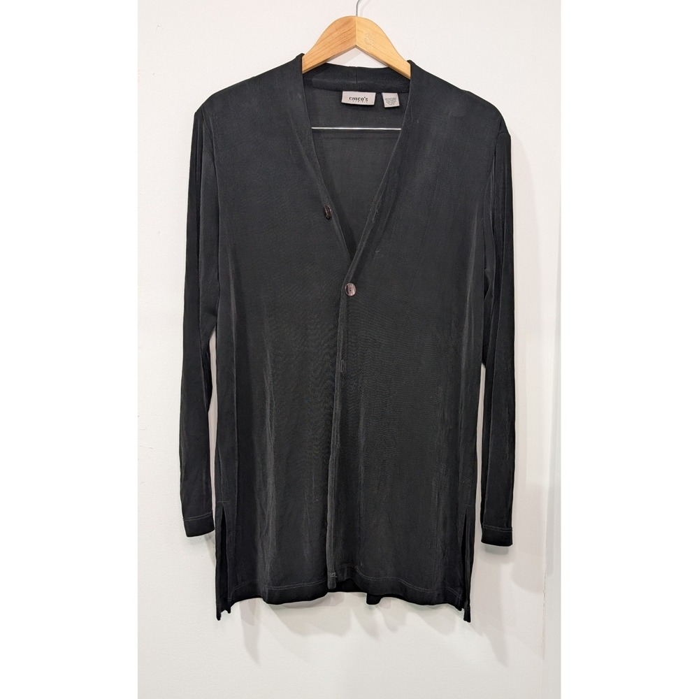 Chicos Travelers Black Long Sleeve Button Front Cardigan Knit Top Size 2 (12/14)